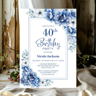 Convite Partido aniversário de 40 anos Floral Azul Moderno