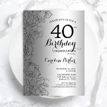 Convite Partido aniversário de 40 anos Floral Negro Pratea<br><div class="desc">Convite de festas Floral Preto Prateado Design minimalista moderno com desenhos botânicos em destaque e letra de script de tipografia. Simples trendy convida cartão perfeito para uma festa de na moda. Pode ser personalizado para qualquer idade. Impressos convites Zazzle ou modelo de impressão digital instantânea para download.</div>