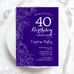 Convite Partido aniversário de 40 anos Floral Purple<br><div class="desc">Convite de festas Floral Roxo Design minimalista moderno com desenhos botânicos em destaque e letra de script de tipografia. Simples trendy convida cartão perfeito para uma festa de na moda. Pode ser personalizado para qualquer idade. Impressos convites Zazzle ou modelo de impressão digital instantânea para download.</div>