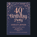 Convite Partido aniversário de 40 anos - Marinho e Rosa Do<br><div class="desc">Convite de festas aniversário de 40 anos. Design elegante em azul marinho e ouro rosa brilhante. Possui fonte de script na moda e confetti. Envie-me uma mensagem se precisar de idade personalizada.</div>