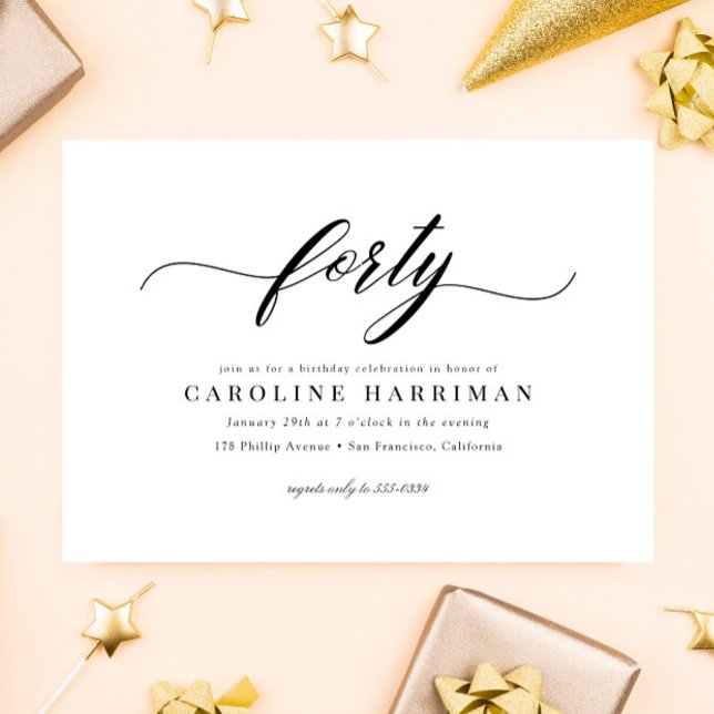 Convite Partido aniversário de 40 anos Negro Mínimo Elegan (Criador carregado)