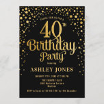 Convite Partido aniversário de 40 anos - Preto e Dourado<br><div class="desc">Convite de festas aniversário de 40 anos. Design elegante em ouro preto e brilhante. Possui fonte de script na moda e confetti. Envie-me uma mensagem se precisar de idade personalizada.</div>