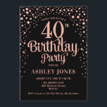 Convite Partido aniversário de 40 anos - Preto e Rosa Dour<br><div class="desc">Convite de festas aniversário de 40 anos. Design elegante em preto e brilhante rosa de ouro. Possui fonte de script na moda e confetti. Envie-me uma mensagem se precisar de idade personalizada.</div>