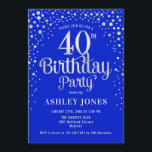 Convite Partido aniversário de 40 anos - Real Azul e Prata<br><div class="desc">Convite de festas aniversário de 40 anos. Design elegante em azul real e prata brilhante falso. Possui fonte de script na moda e confetti. Envie-me uma mensagem se precisar de idade personalizada.</div>