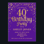 Convite Partido aniversário de 40 anos - Roxo e Dourado<br><div class="desc">Convite de festas aniversário de 40 anos. Design elegante em roxo real e ouro brilhante. Possui fonte de script na moda e confetti. Envie-me uma mensagem se precisar de idade personalizada.</div>