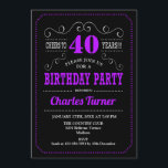 Convite Partido aniversário de 40 anos - Roxo Preto<br><div class="desc">Convite de festas aniversário de 40 anos. Design preto,  roxo e branco elegante com padrão de quadro de referência e fonte de script. Saúde para 40 anos! Envie-me uma mensagem se precisar de mais personalização.</div>