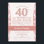 Convite Partido aniversário de 40 anos Surpresa - Branco D<br><div class="desc">Convite de festas de aniversário de 40 anos surpresas em branco e rosa. Cartão de convite elegante com ouro de rosa brilhante e diamantes falsos. Design clássico perfeito para uma festa de na moda. Envie-me uma mensagem se precisar de uma idade personalizada.</div>