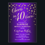 Convite Partido aniversário de 40 anos Surpresa - Dourado<br><div class="desc">Convite de festas de aniversário de 40 anos surpresa. Design elegante com ouro brilhante e roxo. Possui fonte de script e confetti. Saúde para 40 anos! Me mande mensagem se precisar de uma idade personalizada.</div>