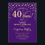 Convite Partido aniversário de 40 anos Surpresa - Dourado<br><div class="desc">Convite de festas de aniversário de 40 anos surpresa. Design elegante em roxo real e ouro brilhante falso. Apresenta a fonte do script e os diamantes confetti. Saúde para 40 anos! Envie-me uma mensagem se precisar de mais personalização.</div>