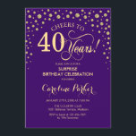 Convite Partido aniversário de 40 anos Surpresa - Dourado<br><div class="desc">Convite de festas de aniversário de 40 anos surpresa. Design elegante em roxo real e ouro brilhante falso. Apresenta a fonte do script e os diamantes confetti. Saúde para 40 anos! Envie-me uma mensagem se precisar de mais personalização.</div>