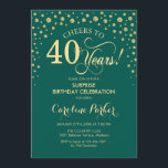 Convite Partido aniversário de 40 anos Surpresa - Emerald<br><div class="desc">Convite de festas de aniversário de 40 anos surpresa. Design elegante em verde esmeralda e ouro brilhante. Apresenta a fonte do script e os diamantes confetti. Saúde para 40 anos! Envie-me uma mensagem se precisar de mais personalização.</div>