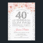 Convite Partido aniversário de 40 anos Surpresa - Prata Br<br><div class="desc">Convite de festas de aniversário de 40 anos surpresa. Design elegante em prata brilhante,  branca e rosa. Apresenta confetti,  fonte de script e flores cor-de-água pinceladas. Envie-me uma mensagem se precisar de mais personalização.</div>