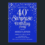 Convite Partido aniversário de 40 anos Surpresa - Prata e<br><div class="desc">Convite de festas de aniversário de 40 anos surpresa. Design elegante em azul real e prata brilhante falso. Possui fonte de script na moda e confetti. Envie-me uma mensagem se precisar de idade personalizada.</div>