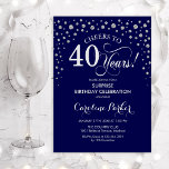 Convite Partido aniversário de 40 anos Surpresa - Prata Ma<br><div class="desc">Convite de festas de aniversário de 40 anos surpresa. Design elegante em azul marinho e prata brilhante fraca. Apresenta a fonte do script e os diamantes confetti. Saúde para 40 anos! Envie-me uma mensagem se precisar de mais personalização.</div>