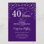 Convite Partido aniversário de 40 anos Surpresa - Prata Ro<br><div class="desc">Convite de festas de aniversário de 40 anos surpresa. Design elegante em prata brilhante roxa e falso. Apresenta a fonte do script e os diamantes confetti. Saúde para 40 anos! Envie-me uma mensagem se precisar de mais personalização.</div>