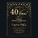 Convite Partido aniversário de 40 anos Surpresa - Preto Do<br><div class="desc">Convite de festas de aniversário de 40 anos surpresa. Design elegante em ouro preto e brilhante. Apresenta a fonte do script e os diamantes confetti. Saúde para 40 anos! Envie-me uma mensagem se precisar de mais personalização.</div>