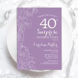 Convite Partido aniversário de 40 anos Surpresa - Purple F<br><div class="desc">Convite de festas de aniversário de 40 anos de Surpresa Floral Púrpura. Design minimalista moderno com sotaques botânicos e letra de escrita tipográfica. Simples carta de convite feminina perfeita para uma festa surpresa na moda. Pode ser personalizado para qualquer idade.</div>