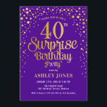 Convite Partido aniversário de 40 anos Surpresa - Roxo e D<br><div class="desc">Convite de festas de aniversário de 40 anos surpresa. Design elegante em roxo real e ouro brilhante. Possui fonte de script na moda e confetti. Envie-me uma mensagem se precisar de idade personalizada.</div>