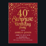Convite Partido aniversário de 40 anos Surpresa - Vermelho<br><div class="desc">Convite de festas de aniversário de 40 anos surpresa. Design elegante em vermelho escuro e ouro brilhante falso. Possui fonte de script na moda e confetti. Envie-me uma mensagem se precisar de idade personalizada.</div>