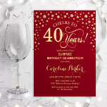 Convite Partido aniversário de 40 anos Surpresa - Vermelho<br><div class="desc">Convite de festas de aniversário de 40 anos surpresa. Design elegante em vermelho escuro e ouro brilhante falso. Apresenta a fonte do script e os diamantes confetti. Saúde para 40 anos! Envie-me uma mensagem se precisar de mais personalização.</div>