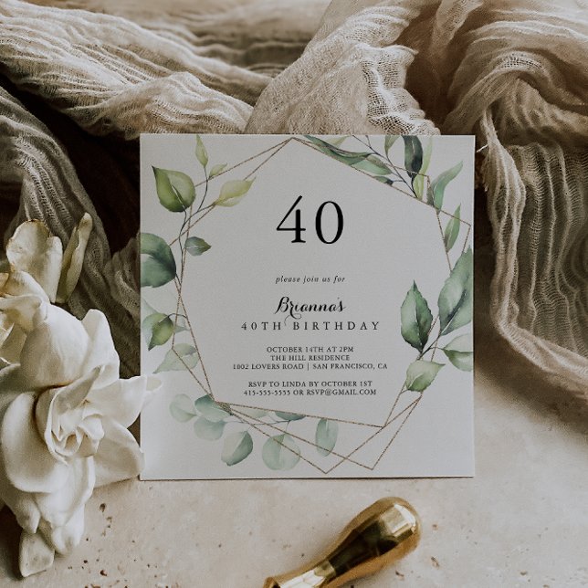 Convite Partido aniversário de 40 anos Verde Elegante Geom (Criador carregado)