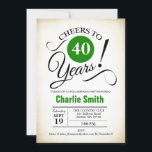 Convite Partido aniversário de 40 anos - Verde preto branc<br><div class="desc">Convite de festas aniversário de 40 anos em preto branco verde com fundo retrocremoso. Saúde para 40 anos! Pode ser personalizado em qualquer ano. Envie-me uma mensagem se precisar de mais personalização.</div>