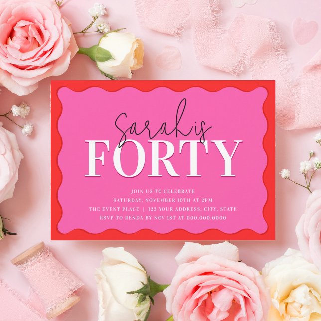 Convite Partido aniversário de 40 anos Vermelho e Rosa (Criador carregado)
