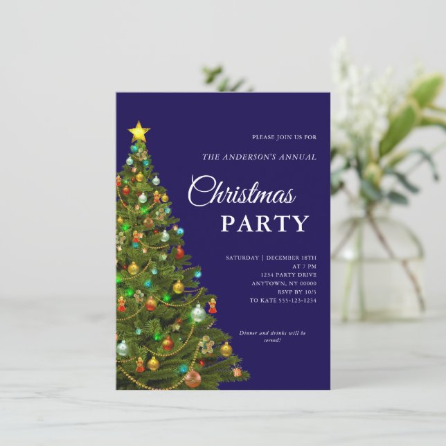 Convite Partido Azul de Árvore de Natal Mínimo Moderno (Em pé/Frente)