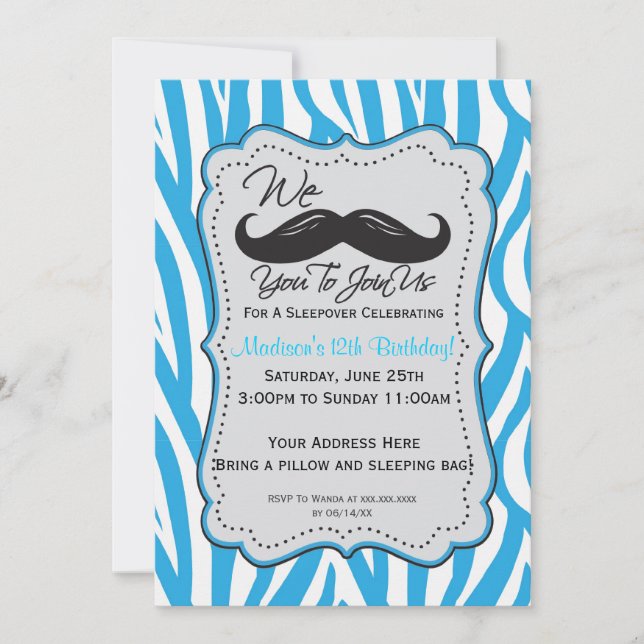 Convite Partido azul do Sleepover do bigode da zebra! (Frente)