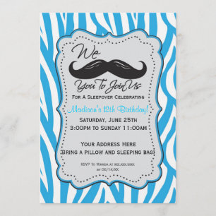 Convite Partido azul do Sleepover do bigode da zebra!
