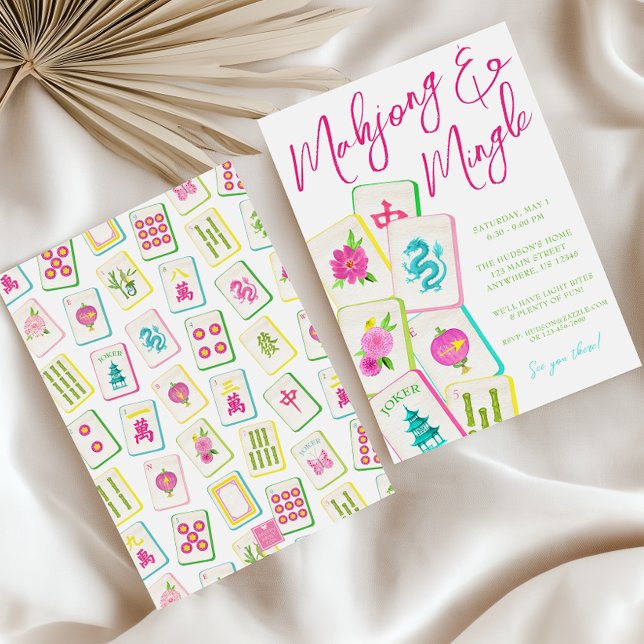 Convite Partido Azulejos Watercolor Bright Mahjong (Criador carregado)