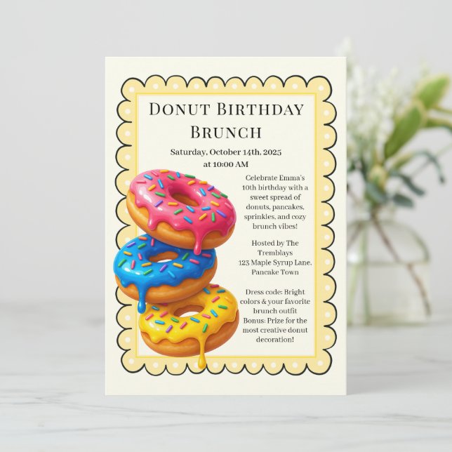 Convite Partido Birthday Brunch | Panquecas e Rosquinhas (Em pé/Frente)