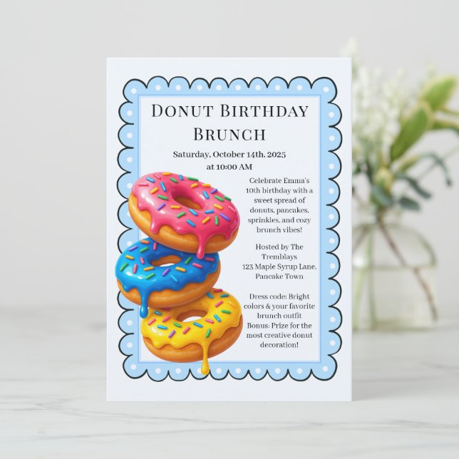 Convite Partido Birthday Brunch | Panquecas e Rosquinhas (Em pé/Frente)