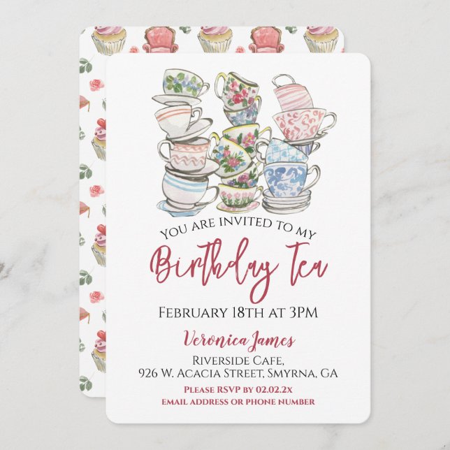 Convite Partido Birthday Tea Cups (Frente/Verso)