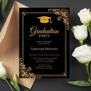Convite Partido Boné de formatura Clássico Preto E Dourado
