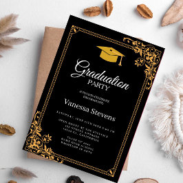 Convite Partido Boné de formatura Clássico Preto E Dourado