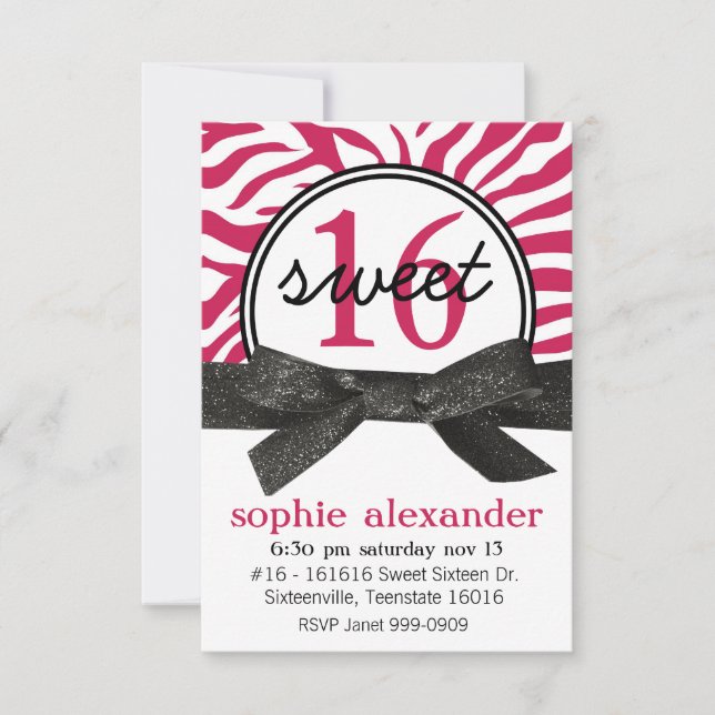 Convite Partido bonito do doce 16 do teste padrão da zebra (Frente)