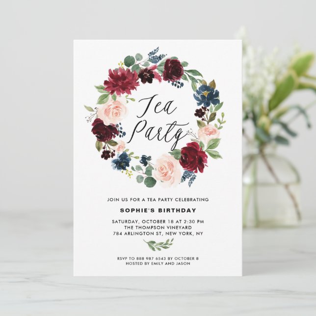 Convite Partido Burgundy e Blue Floral Wreath Tea (Em pé/Frente)