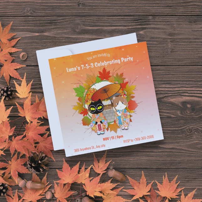 Convite Partido Celebrante 7-5-3 de Poiluna (Poiluna's 7-5-3 Celebrating Party Invitation on a fall table.)