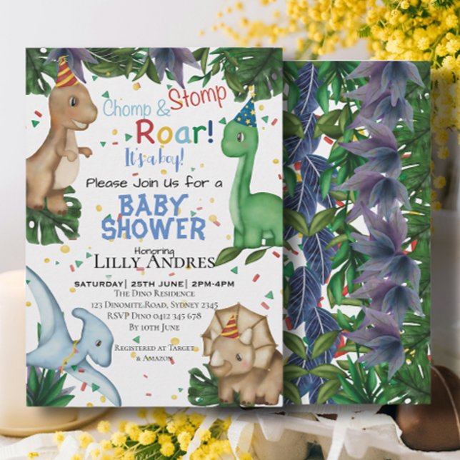 Convite Partido Chá de fraldas dos Dinossauros | Salto Cho (Criador carregado)
