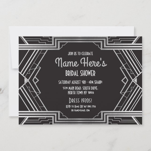 Convite Partido Chá de panela Art Deco 1920 Gatsby Silver (Frente)