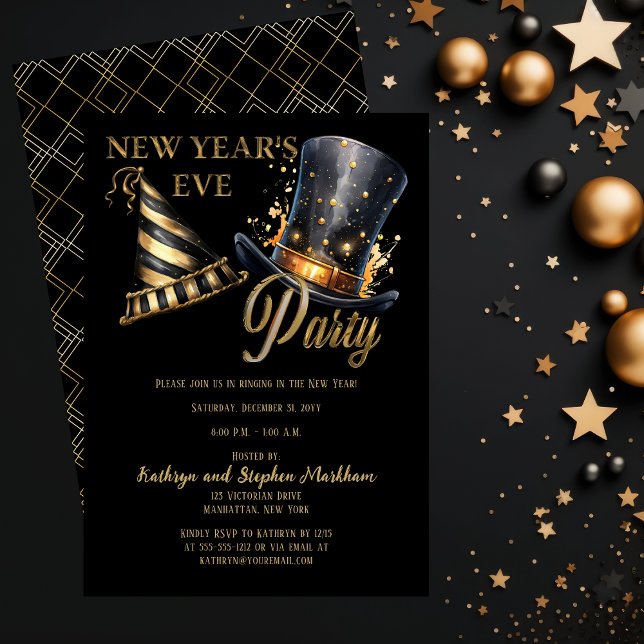 Convite Partido Chapéu Negro e Dourado Festa de Véspera de (Party Hats in Black and Gold Art Deco New Year's Eve Party Invitation)