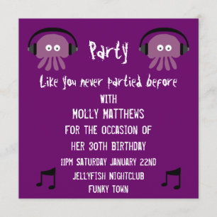 Convite Partido customizável do DJ das medusa roxas Funky