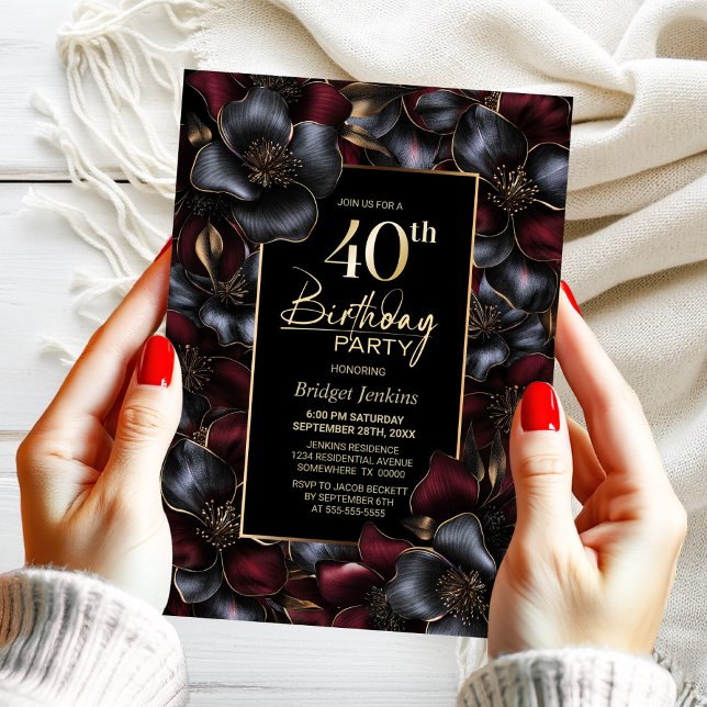 Convite Partido da aniversário de 40 anos Floral da Borgon (Criador carregado)