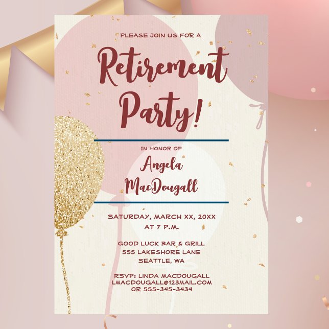 Convite Partido da aposentadoria rosa e Dourado (Retirement Party, Pink & Gold Balloons Invitation)