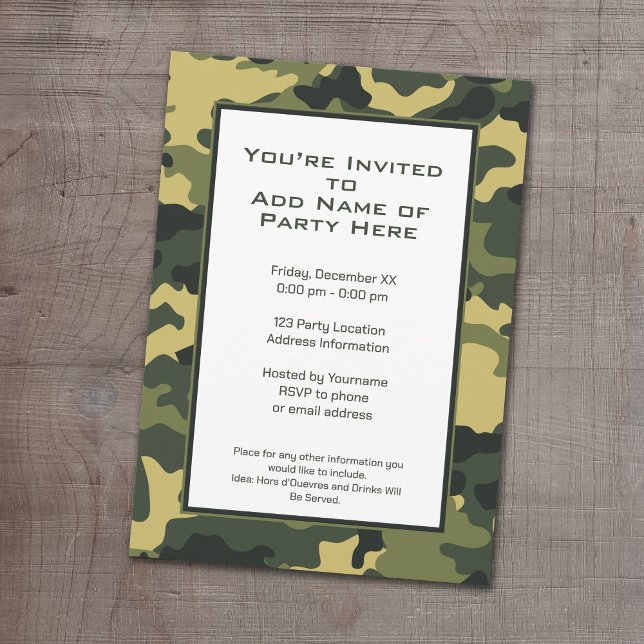 Convite Partido da Camuflagem Militar Verde (Camouflage Birthday Party, Military graduation or cocktail party invitation.)