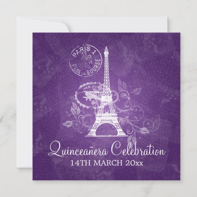 Convite Partido da Celebração da Quinceañera Paris Roxo (Frente)