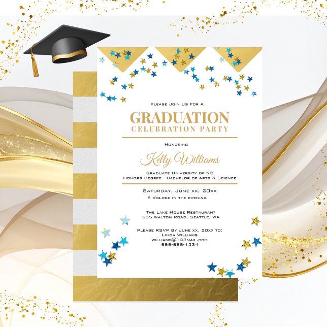 Convite Partido da Celebração de Graduação, Dourado, Nome, (Graduation Celebration Party Gold Trim Invitation)