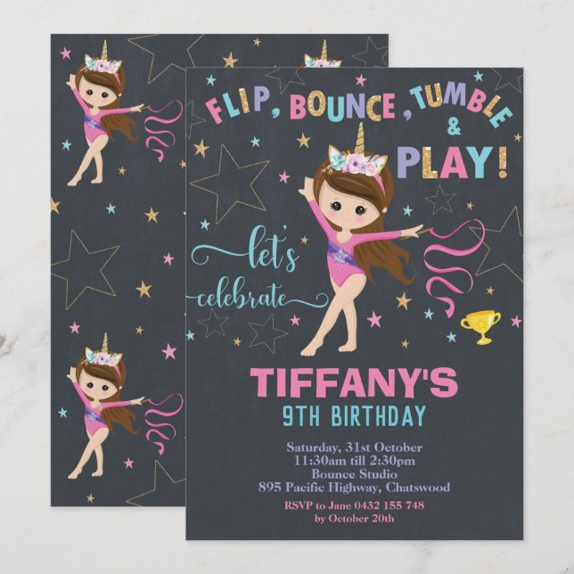 Convite Partido da ginástica da menina do unicórnio do (Frente/Verso)