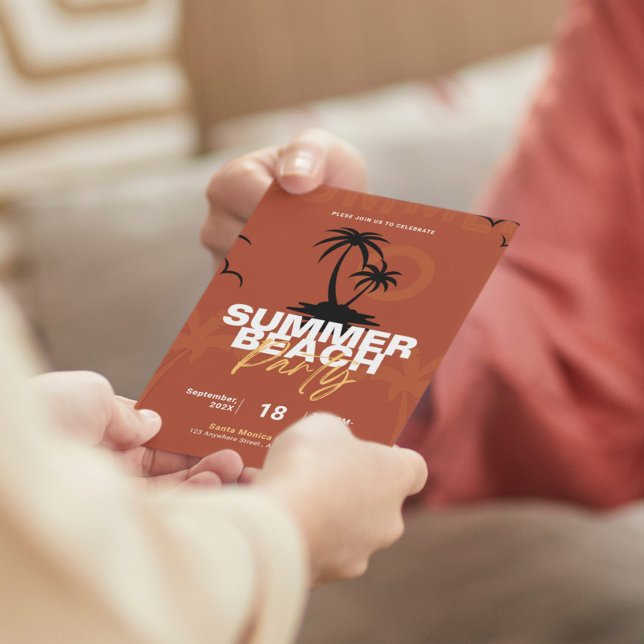 Convite Partido da Praia de Verão - Ilustração Laranja e N (Criador carregado)